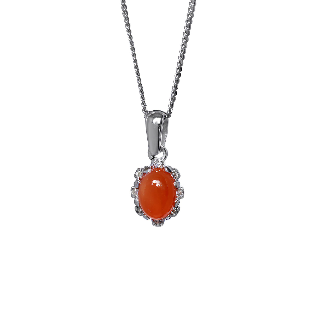 A product photo from  showing a silver orange moonstone pendant on a fine twist chain against a white background. The moonstone is secured by four discreet claws and surrounded by a scalloped, floral-inspired halo set with small, glittering white accent stones. The pendant hangs from a polished, classic tapered silver bail.