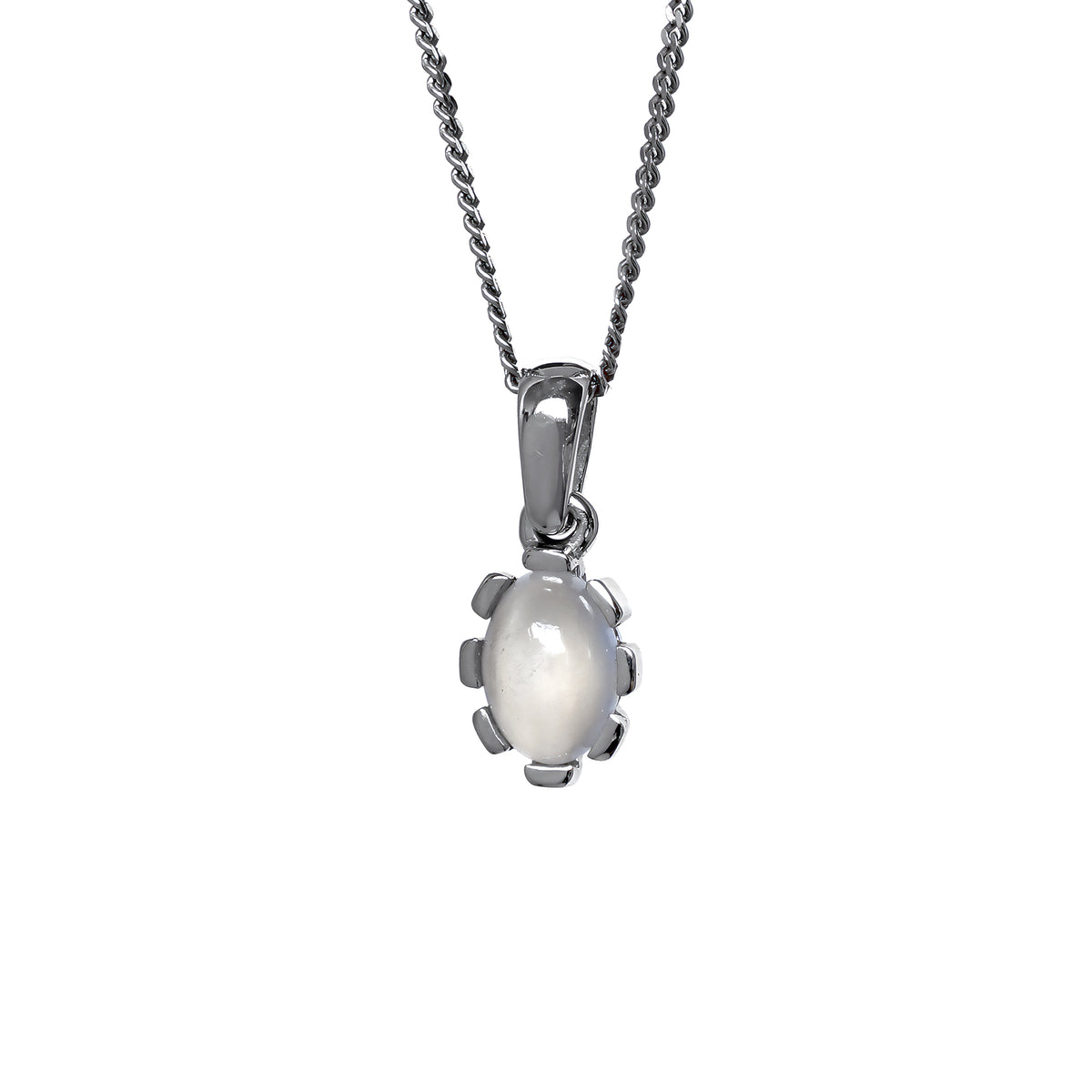 A product photo of a cabochon moonstone set in solid sterling silver suspended by a silver chain over a white background. The smooth cabochon moonstone displays cloudy green inclusions, and is framed by flowery sterling silver detailing.