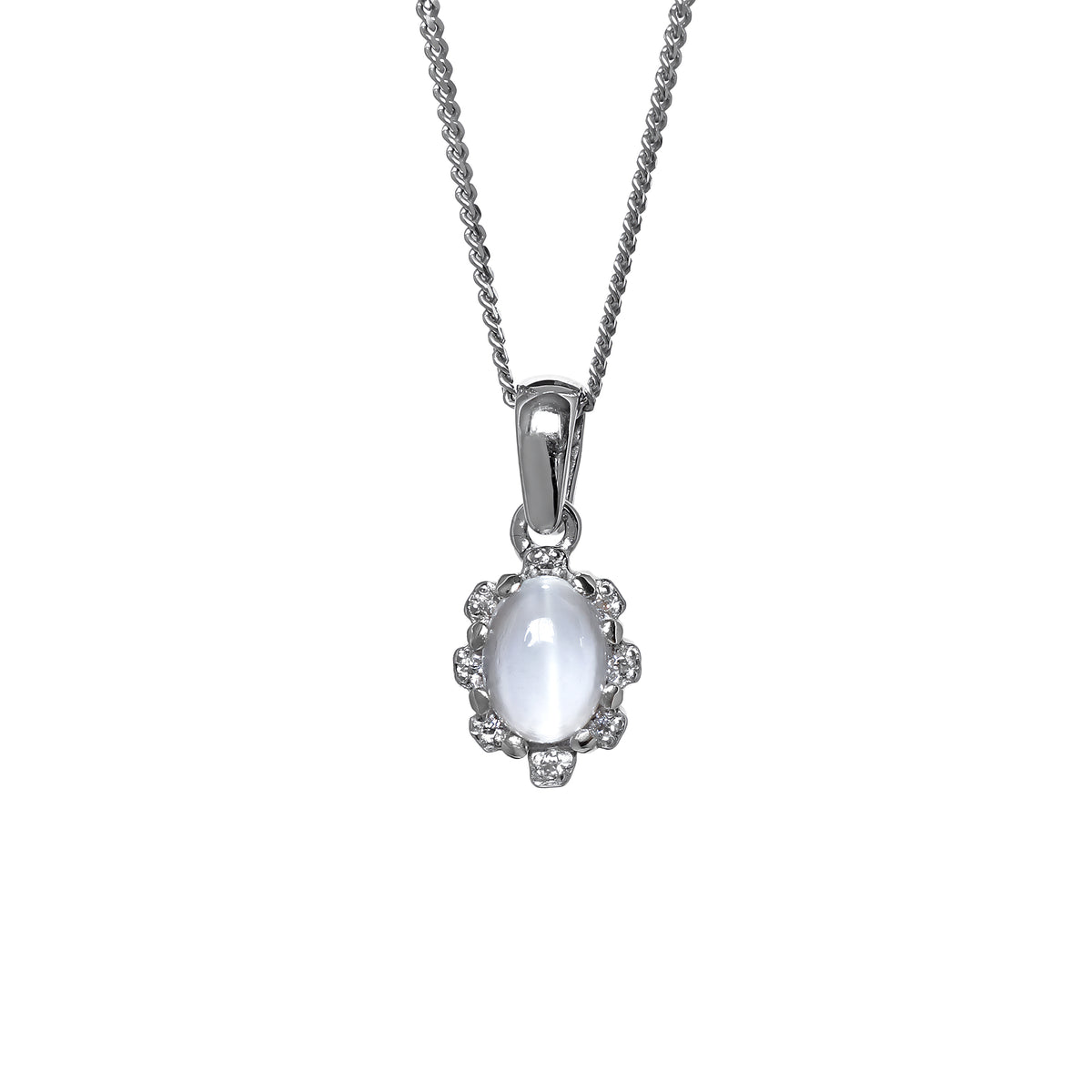 A product photo from  showing a silver moonstone pendant on a fine twist chain against a white background. The moonstone is secured by four discreet claws and surrounded by a scalloped, floral-inspired halo set with small, glittering white accent stones. The pendant hangs from a polished, classic tapered silver bail.