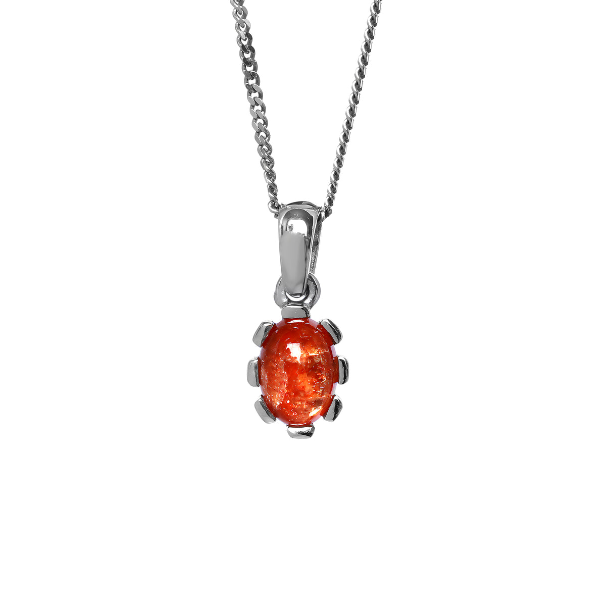 A product photo of a cabochon sunstone set in solid sterling silver suspended by a silver chain over a white background. The smooth cabochon Sunstone is framed by flowery sterling silver detailing.