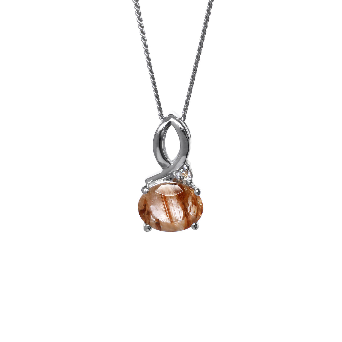 A product photo of a silver copper rutilated quartz and moissanite necklace suspended against a white background. The copper rutilated quartz is horizontally-oriented and held in place by 4 silver claws, connecting the gemstone to its unique bail, consisting of looping silver detailing and a single tiny moissanite detail where one loop intersects.