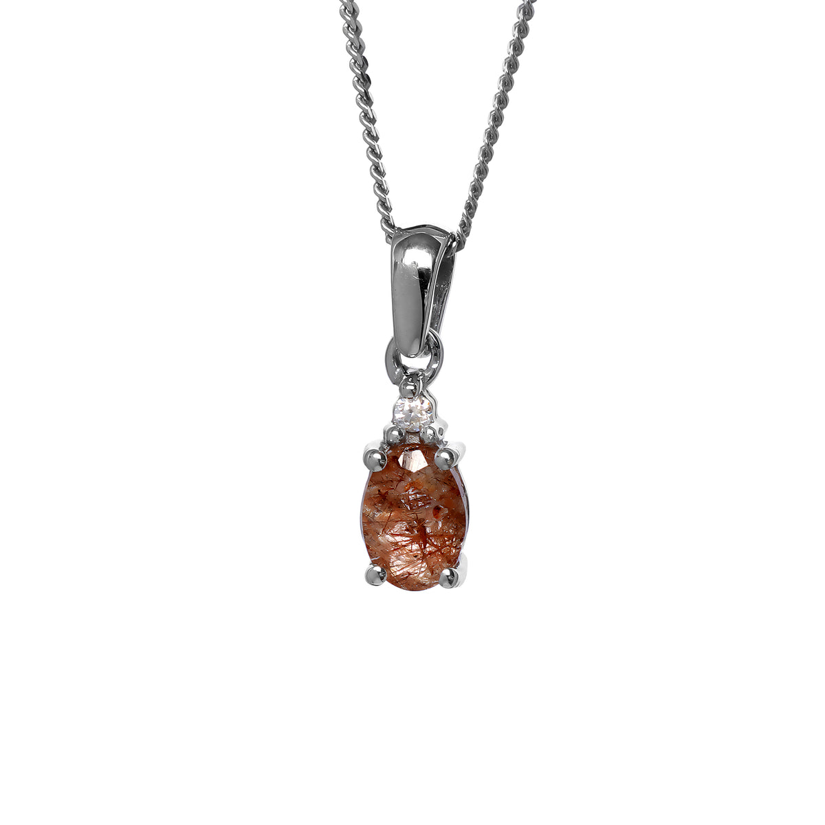 A product photo of a sterling silver copper rutile and moissanite necklace sitting against a white background. The beautifully unique copper rutile stone is held in place by 4 pairs of claws at its top and bottom, with a single white moissanites connecting the stone to the rest of the pendant. It is suspended by a simple sterling silver chain.