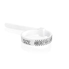 A product photo of a reusable white plastic at-home ring-sizer tool. It features an adjustable belt design with black lettering and increments for precise finger measurement, ensuring a perfect fit for engagement rings and wedding bands on a plain white background.