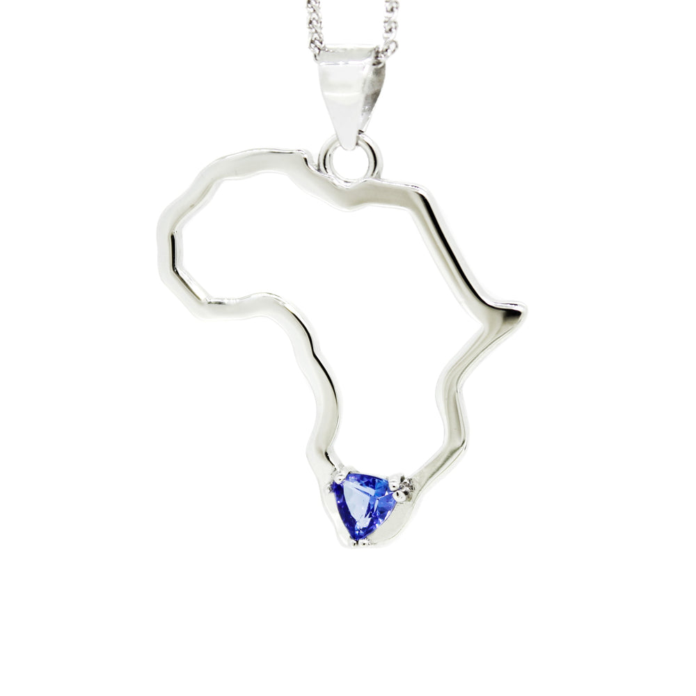 
            
                Load image into Gallery viewer, A product photo of a silver pendant in the shape of the African continent with a tanzanite centre stone at its base. The pendant is suspended by a silver chain against a white background.
            
        