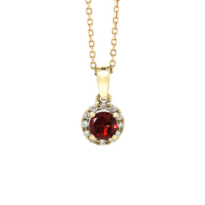 
            
                Load image into Gallery viewer, A product photo of a 0.50ct Round Garnet Pendant with Diamond Halo in 9k Yellow Gold suspended against a white background. The circle-cut garnet stone is surrounded by a thick frame of ornately detailed yellow gold and diamond detailing. It is suspended by a simple gold chain. The stone is a deep red, reflecting sanguine hues across its multi-faceted edges.
            
        