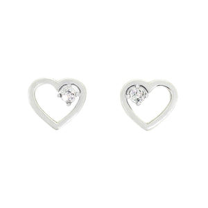 
            
                Load image into Gallery viewer, A product photo of two silver heart-shaped stud earrings sitting on a white background. A delicate, 2.5mm silver topaz stone is nestled in the top right corner of each heart-shaped frame.
            
        