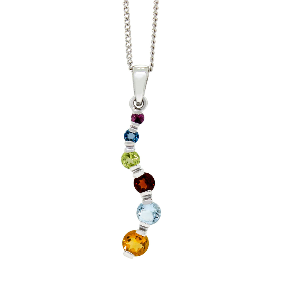 
            
                Load image into Gallery viewer, A product photo of a multi-gemstone pendant in 9k white gold suspended by a silver chain on a white background. The pendant has a slight, inverted question-mark-like curve, with the 6 gemstones becoming increasingly large the further down they go. From the top is grape garnet, london blue topaz, peridot, garnet, aquamarine and citrine. 
            
        