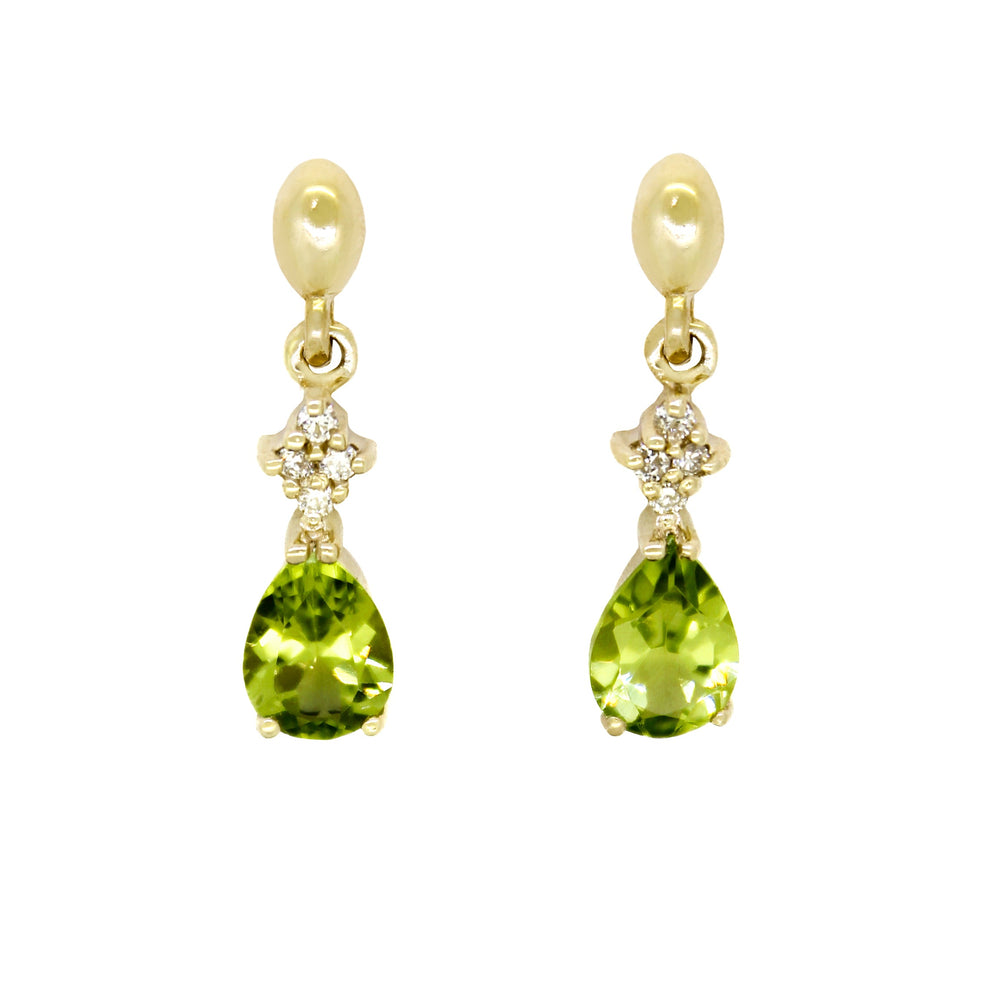 A product photo of 7x5mm Pear Peridot and Diamond Earrings in 9k Yellow Gold sitting on a plain white background. A golden cluster on each earring connects the peridots to the studs, each cluster adorned with 4 diamonds each. The peridot reflect chartreuse hues across their multi-faceted edges.