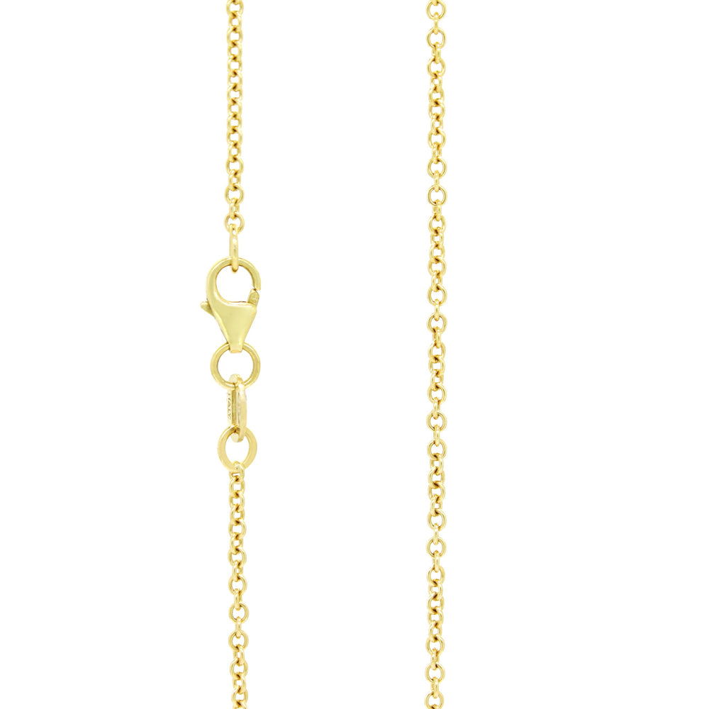 A product photo of a 9k yellow gold chain for a pendant on a blank white background. The chain has classic, 40 gauge ovoid-shaped rolo links.