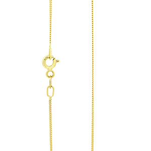 A product photo of a 9k yellow gold chain for a pendant on a blank white background. The chain is made up of tiny, 30 gauge curb links, giving it the appearance of being a solid mass.