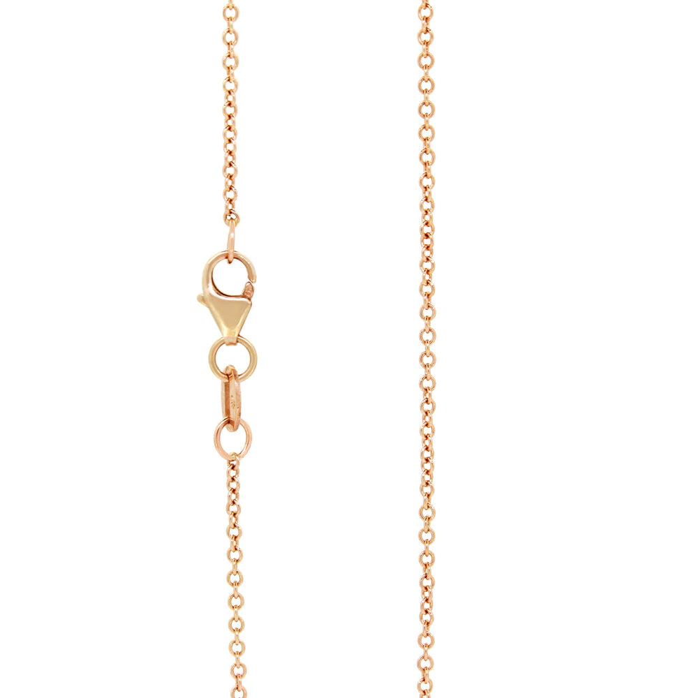 A product photo of a 9k rose gold chain for a pendant on a blank white background. The chain has classic, 30 gauge ovoid-shaped rolo links.