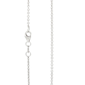 A product photo of a 9k white gold chain for a pendant on a blank white background. The chain has classic, 35 gauge ovoid-shaped rolo links.
