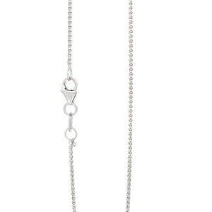 A product photo of a 9k white gold chain for a pendant on a blank white background. The chain has complex, snakelike interwoven 25 gauge wheat links.