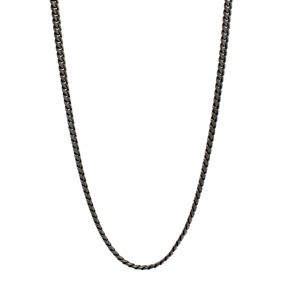 
            
                Load image into Gallery viewer, A product photo of a men&amp;#39;s blackened silver chain on a blank white background. The chain has classic, 120 gauge ovoid-shaped curb links.
            
        