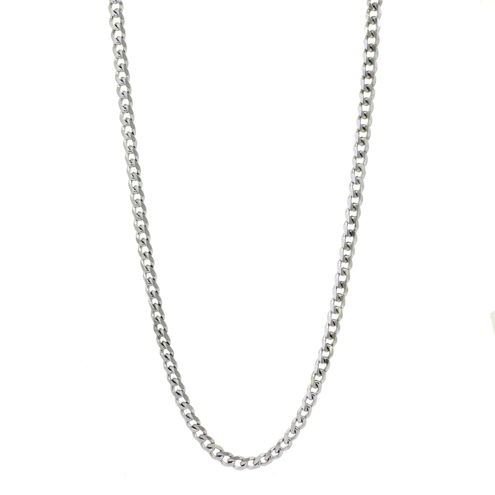 A product photo of a men's silver chain on a blank white background. The chain has classic, 100 gauge ovoid-shaped curb links.