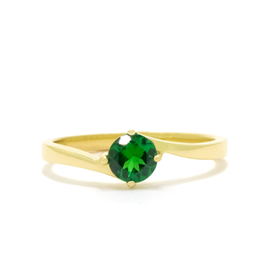 
            
                Load image into Gallery viewer, A product photo of a curved-band 9k yellow gold solitaire ring with a verdant-green tsavorite centre stone sitting on a white background. The green gemstone colour be a good emerald substitute.
            
        