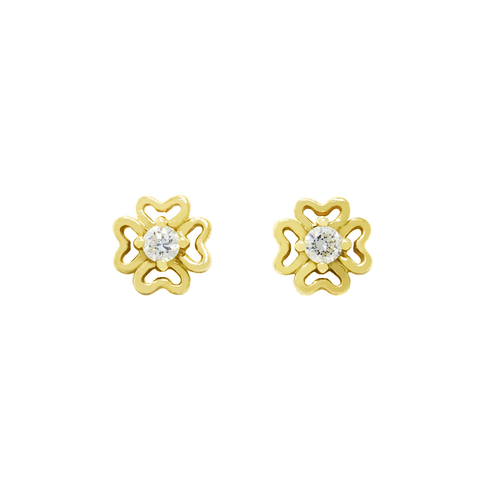 A product photo of two 4-leaf-clover-shaped diamond earrings set in solid 9ct yellow gold sitting on a white background. A single white diamond sits in the middle of each earring, surrounded by thick golden frames in the shape of 4 distinct clover leaves.