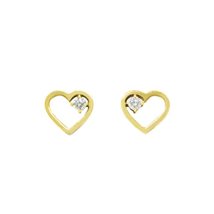A product photo of two 9ct Yellow Gold heart-shaped stud earrings sitting on a white background. A delicate, 2.5mm round diamond gemstone is nestled in the top right corner of each heart-shaped frame.