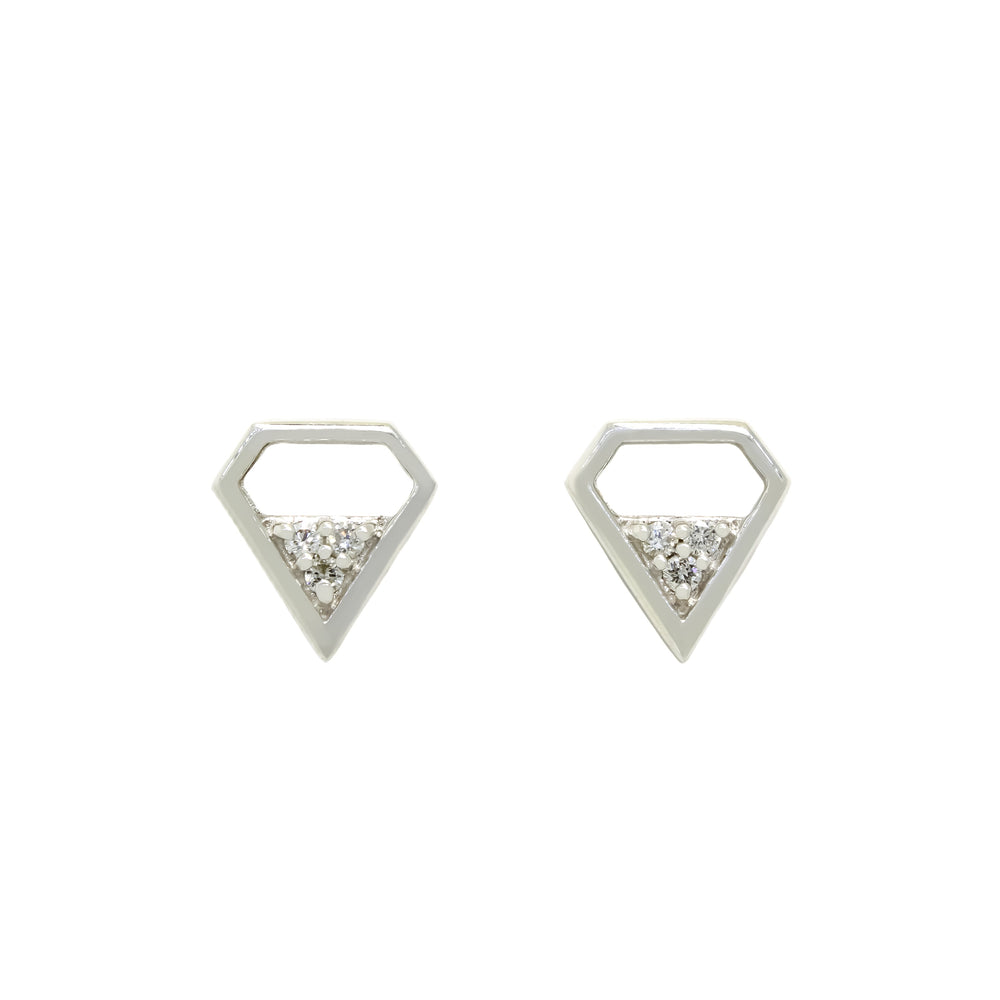 A product photo of a pair of diamond stud earrings set in solid 9ct white gold sitting on a blank background. 3 tiny diamonds sit at the base of thick golden frames, which forms the shape of a diamond jewel icon.