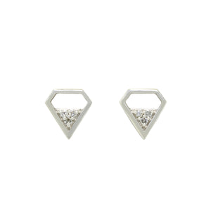 
            
                Load image into Gallery viewer, A product photo of a pair of diamond stud earrings set in solid 9ct white gold sitting on a blank background. 3 tiny diamonds sit at the base of thick golden frames, which forms the shape of a diamond jewel icon.
            
        
