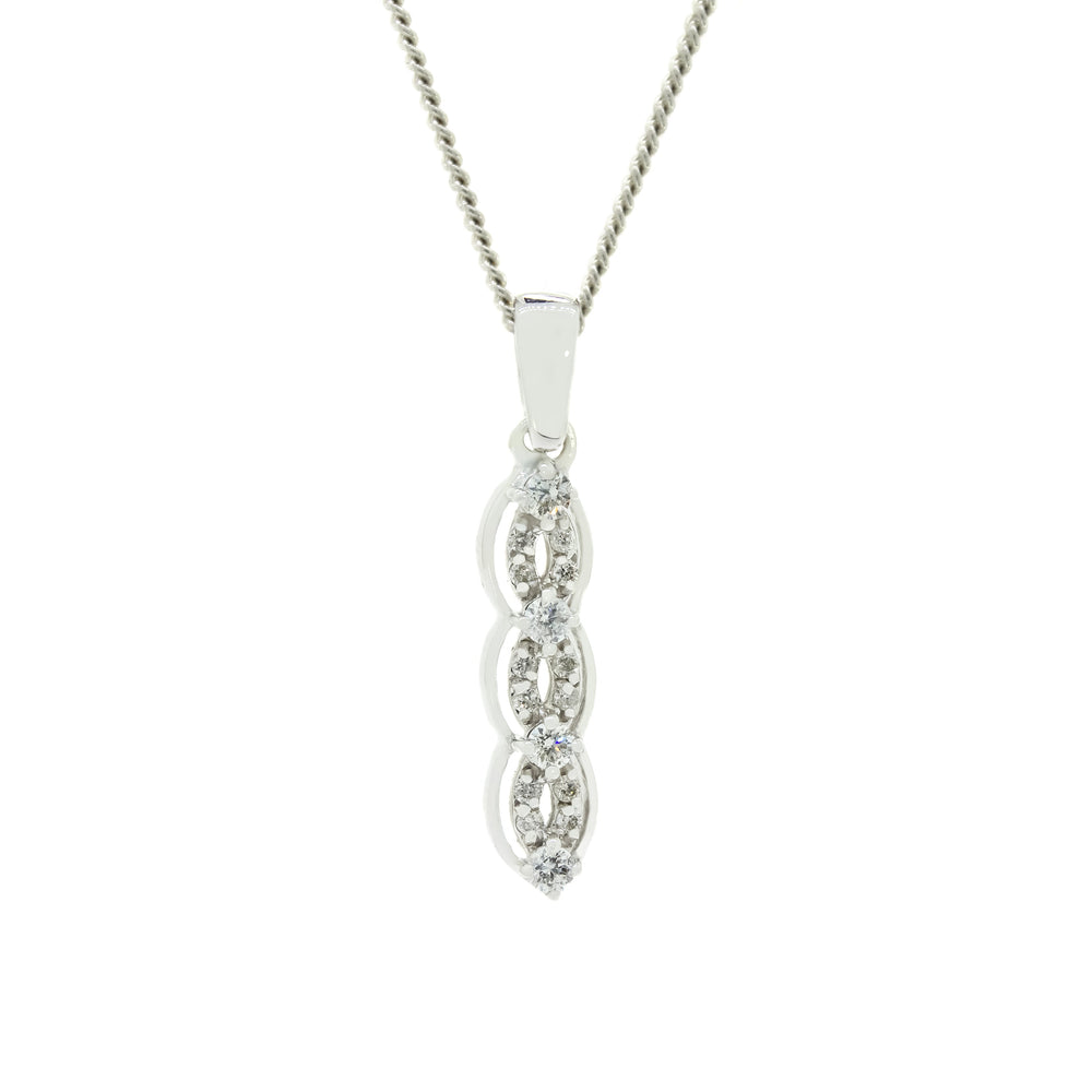A product photo of a solid 9ct white gold and diamond pendant suspended by a golden chain against a white background. The design is centred around two golden twines bejewelled with diamonds, which curl around one another vertically to create 3 "loops". The twines are framed by additional smooth white gold bands on either side. 12 white diamonds are embeded in the twines, with 4 larger white diamonds punctuating where the twines overlap.