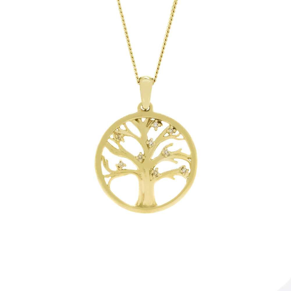 A product photo of a gold tree of life pendant bearing diamond fruits, set in solid 9ct yellow gold, suspended against a white background by a golden chain. The design is detailed and highly intricate for its delicate size, consisting of multiple bows and branches reaching out from the trunk of the tree to the circular frame of gold that contains it, with tiny white diamonds dotted along the most delicate of branches - to a total of 9.
