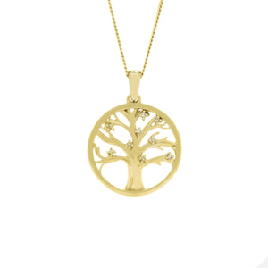A product photo of a gold tree of life pendant bearing diamond fruits, set in solid 9ct yellow gold, suspended against a white background by a golden chain. The design is detailed and highly intricate for its delicate size, consisting of multiple bows and branches reaching out from the trunk of the tree to the circular frame of gold that contains it, with tiny white diamonds dotted along the most delicate of branches - to a total of 9.