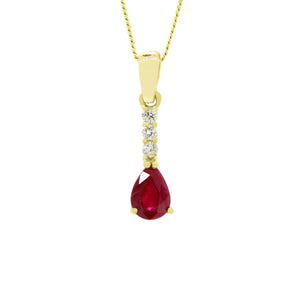 
            
                Load image into Gallery viewer, A product photo of a 7x5mm Pear Ruby &amp;amp; Diamond Earrings in 9k Yellow Gold suspended against a white background. A golden strip connects the deep, pink-hued ruby stone to the stud, adorned with 3 diamonds. It is suspended by a simple gold chain.
            
        
