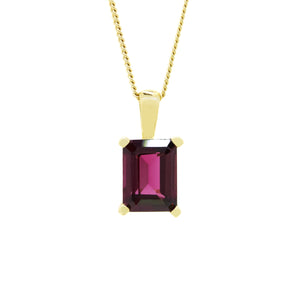 
            
                Load image into Gallery viewer, A product photo of a 8x6mm Rectangular Grape Garnet Pendant in 9k Yellow Gold suspended against a white background. The impressively large and deeply-coloured stone is contrasted by its overall minimalistic design, 4 simple golden claws holding the gem in place. It is suspended by a simple gold chain. The stone is a deep purple, reflecting across its multi-faceted edges.
            
        