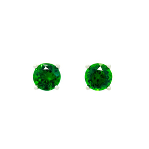 
            
                Load image into Gallery viewer, A product photo of 5.5mm Round Tsavorite Earring Studs in 9k White Gold sitting on a plain white background. The stones are held in place by 4 delicate golden claws. The tsavorites reflect electric green hues across their multi-faceted edges.
            
        