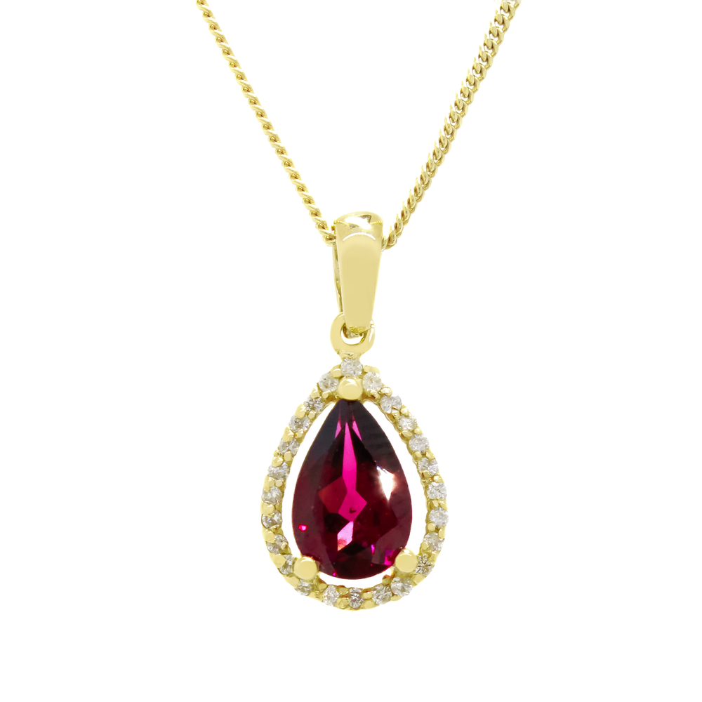 A product photo of a modern and elegant rhodalite and diamond pendant in 9k yellow gold. The pear shaped purple rhodalite garnet jewel sits at the base of a teardrop-shaped frame of solid yellow gold, adorned with diamond details.