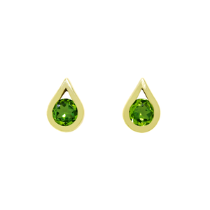 A product photo of 9ct yellow gold peridot stud earrings sitting on a white background. The round stones are encased by thick, yellow gold frames in the shapes of teardrops. The bright green peridot stones reflect chartreuse light from their many edges.