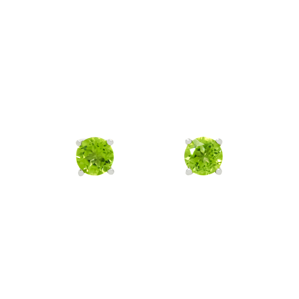 A product photo of two white gold stud earrings sitting on a white background. Held in place by 4 golden claws each are two dazzling round-cut peridot gemstones, reflecting shades of leaf-green light from their many edges.