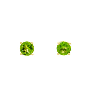
            
                Load image into Gallery viewer, A product photo of two 9ct yellow gold stud earrings sitting on a white background. Held in place by 4 golden claws each are two dazzling 6mm round-cut green peridot stones, reflecting leafy and chartreuse hues from their many edges.
            
        