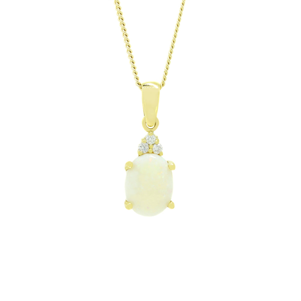A product photo of a white opal pendant set in solid 9ct gold suspended by a golden chain over a white background. The white opal stone shimmers with orange and green fire, topped by three little white diamonds.