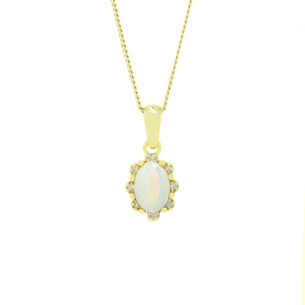 A product photo of a white opal pendant set in solid 9ct gold suspended by a golden chain over a white background. The white opal stone shimmers with orange and green fire, and is framed by flowery yellow gold detailing and diamonds.