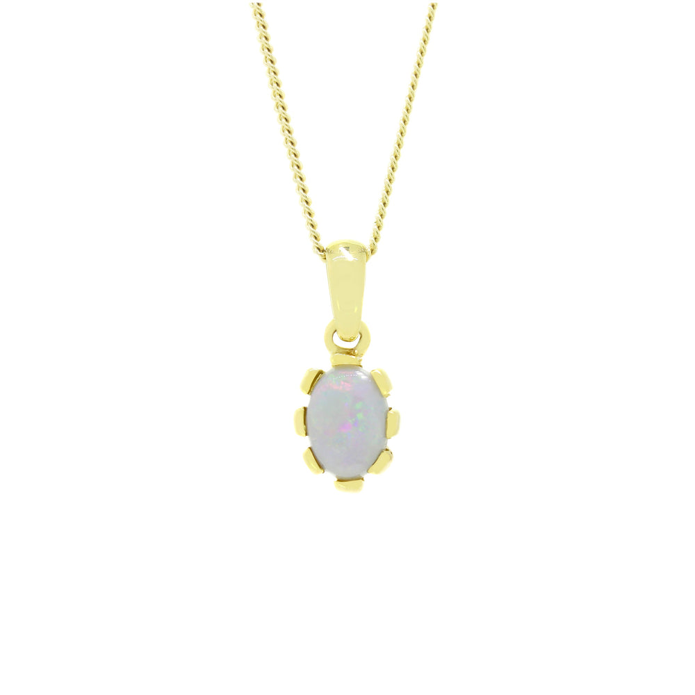 A product photo of a white opal pendant set in solid 9ct gold suspended by a golden chain over a white background. The white opal stone shimmers with orange and green fire, and is framed by flowery yellow gold detailing.