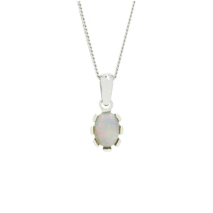 A product photo of a white opal pendant set in solid 9ct gold suspended by a golden chain over a white background. The white opal stone shimmers with orange and green fire, and is framed by flowery white gold detailing.