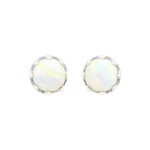 A product photo of a bold, ornate pair of fiery white opal earrings set in solid 9ct white gold. The cabochon shaped multi-coloured opal stones sit in elaborately detailed white gold earring settings, almost designed to look like an antique crown.
