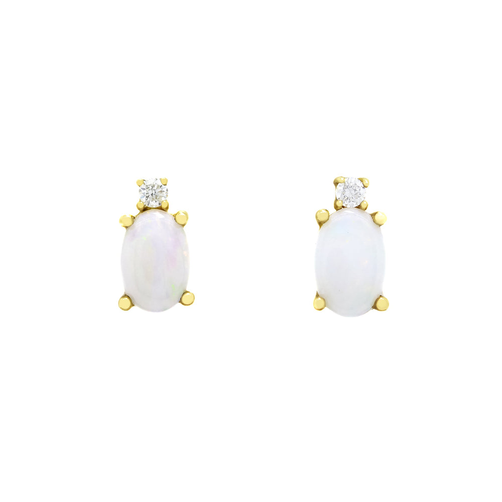 A product photo of a simple pair of fiery white opalite and diamond earrings set in solid 9ct yellow gold, with each 7x5mm opal stone topped by a single white diamond.