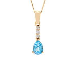 
            
                Load image into Gallery viewer, A product photo of a 7x5mm Pear blue topaz &amp;amp; Diamond necklace in 9k Rose Gold suspended against a white background. A golden strip connects the sky blue topaz stone to the stud, adorned with 3 diamonds. It is suspended by a simple gold chain.
            
        