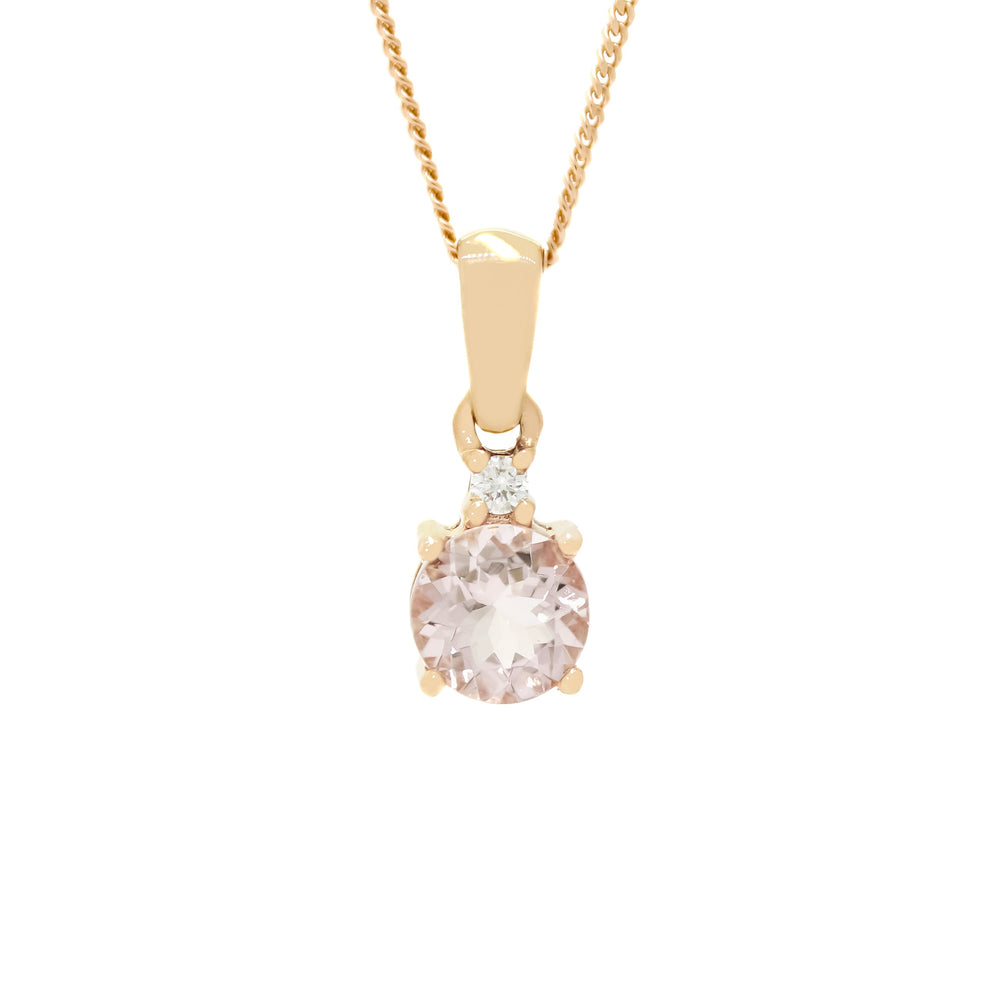 
            
                Load image into Gallery viewer, A product photo of a large, 6mm round morganite and diamond pendant suspended by a 9ct rose gold chain over a plain white background. The 0.96ct morganite stone is a bright, pale pink, complementing the rose gold of the pendant.
            
        