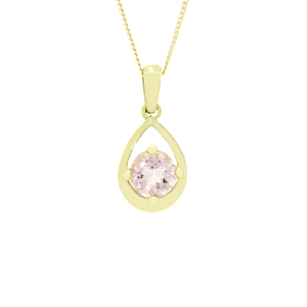 
            
                Load image into Gallery viewer, A product photo of a yellow gold morganite necklace suspended  against a white background. The pale pink morganite stone, held in place by 4 claws, sits at the bottom of a thick, teardrop-shaped frame of yellow gold.
            
        