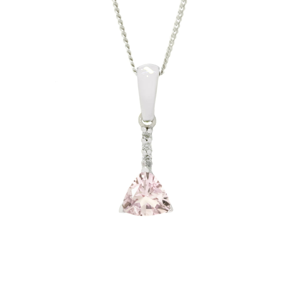 A product photo of a 5mm trilliant morganite and diamond necklace in 9 karat white gold suspended against a white background. A golden strip connects the morganite to the stud, and is adorned with 3 diamonds.