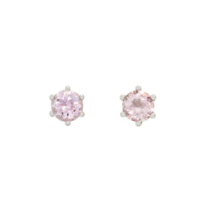 A product photo of two white gold stud earrings sitting on a white background. Held in place by 6 golden claws each are two dazzling round-cut morganite gemstones, reflecting shades of baby pink light from their many edges.