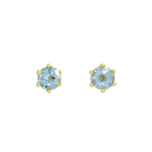 
            
                Load image into Gallery viewer, A product photo of two yellow gold stud earrings sitting on a white background. Held in place by 6 golden claws each are two dazzling round-cut aquamarine gemstones, reflecting shades of baby blue light from their many edges.
            
        