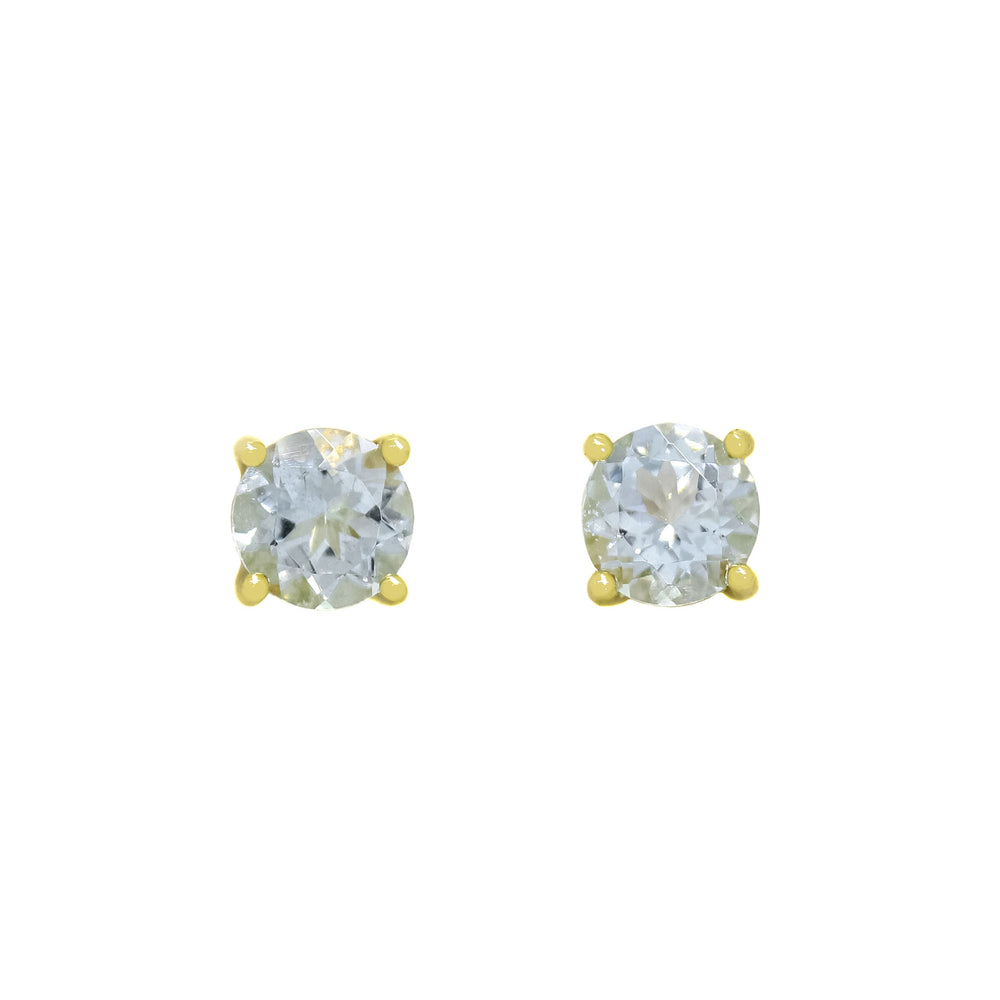 A product photo of 5.5mm Round Aquamarine Earring Studs in 9k Yellow Gold sitting on a plain white background. The pale blue gemstones are held in place by 4 delicate golden claws.