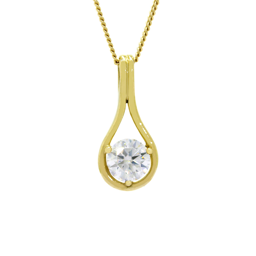 A product photo of a round moissanite pendant held in place by a frame of yellow gold in the shape of a teardrop, suspended against a white background.