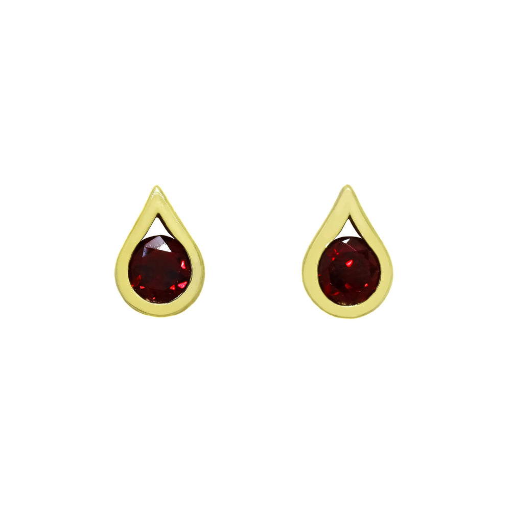 
            
                Load image into Gallery viewer, A product photo of 9ct yellow gold garnet stud earrings sitting on a white background. The round stones are encased by thick, yellow gold frames in the shapes of teardrops. The deep red garnet stones reflect sanguine light from their many edges.
            
        
