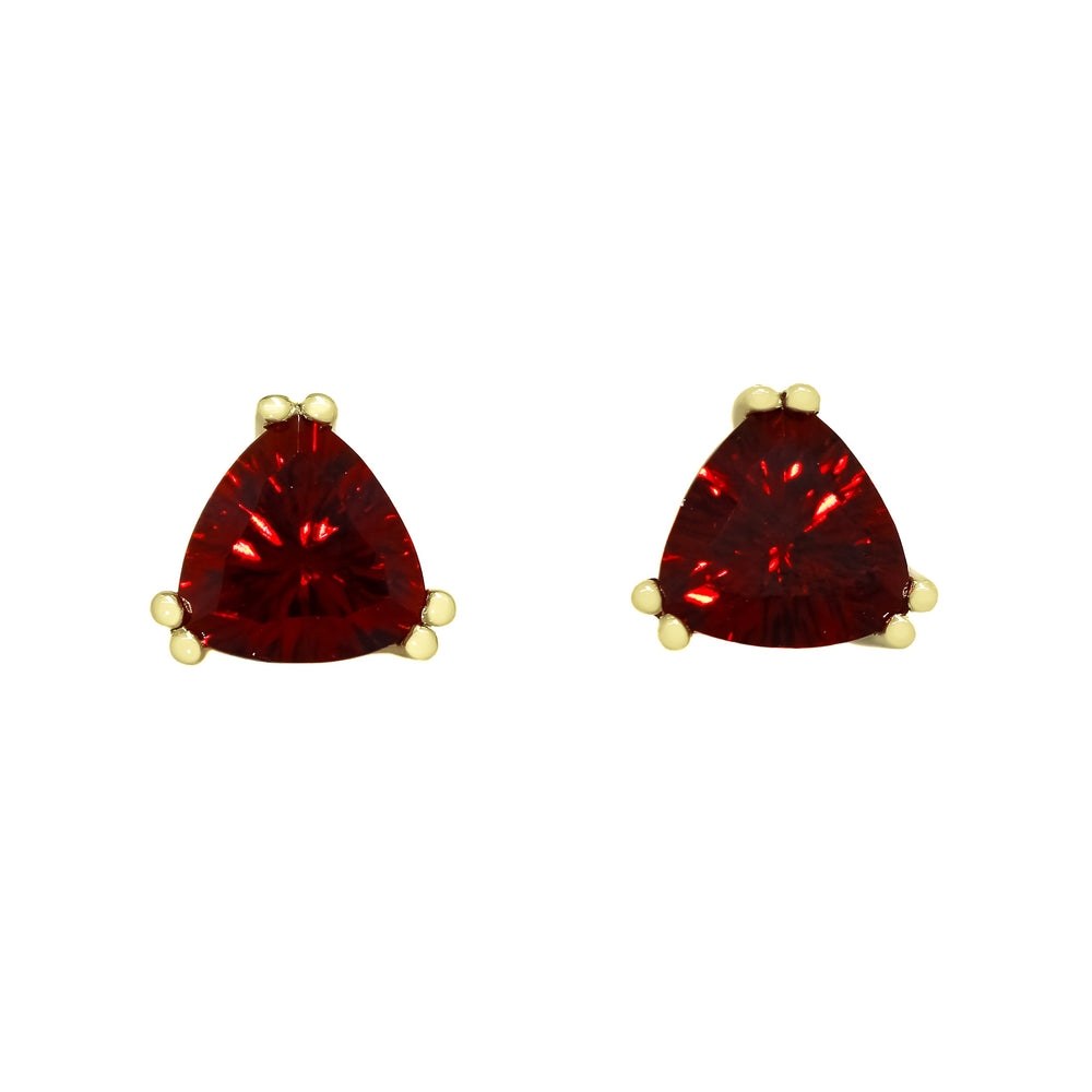 
            
                Load image into Gallery viewer, A product photo of 9ct yellow gold garnet stud earrings sitting on a white background. The trilliant stones are held in place by two claws on each corner, to a total of 6. The deep red garnet stones reflect sanguine light from their many edges.
            
        